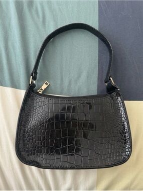 Black Croc-Embossed Shoulder Bag
